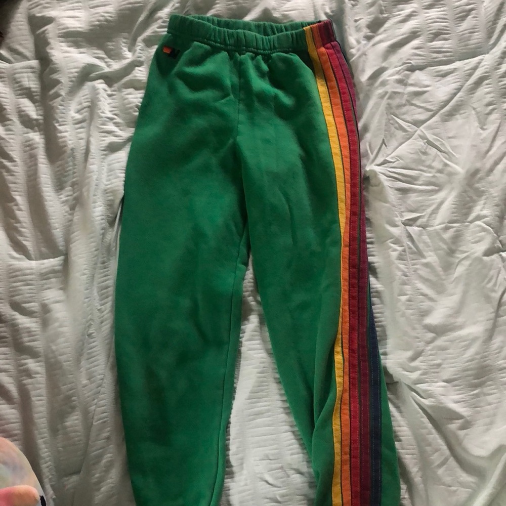 Aviator Nation kids 14 sweatpants. Kelly green 5 stripe rainbow